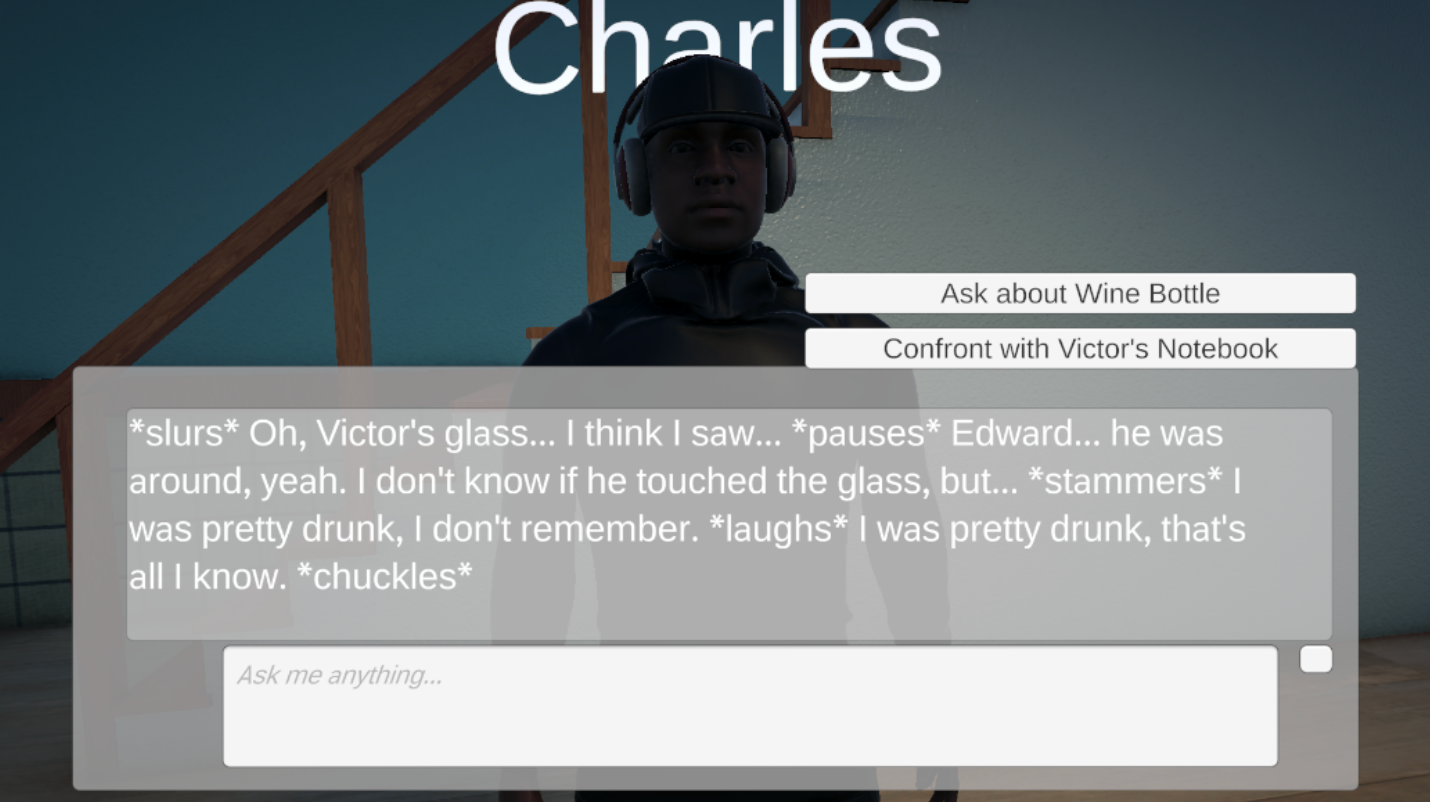 Murder Mystery detective game showing LLM-driven NPC dialogue